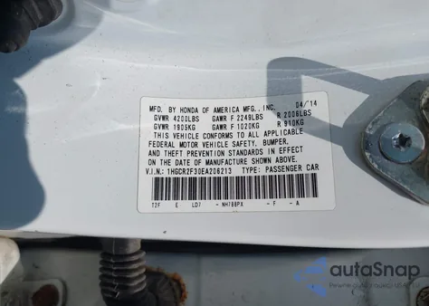 2014 Honda Accord Lx из США, поврежденный, VIN 1HGCR2F30EA206213